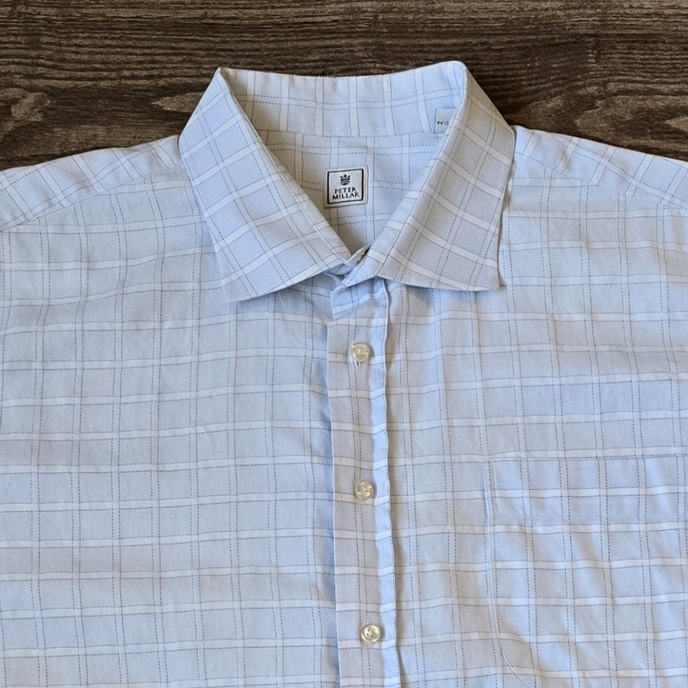 Peter Millar Dress Shirt Mens XXL 2XL White Blue Windowpane Check Golf Luxury